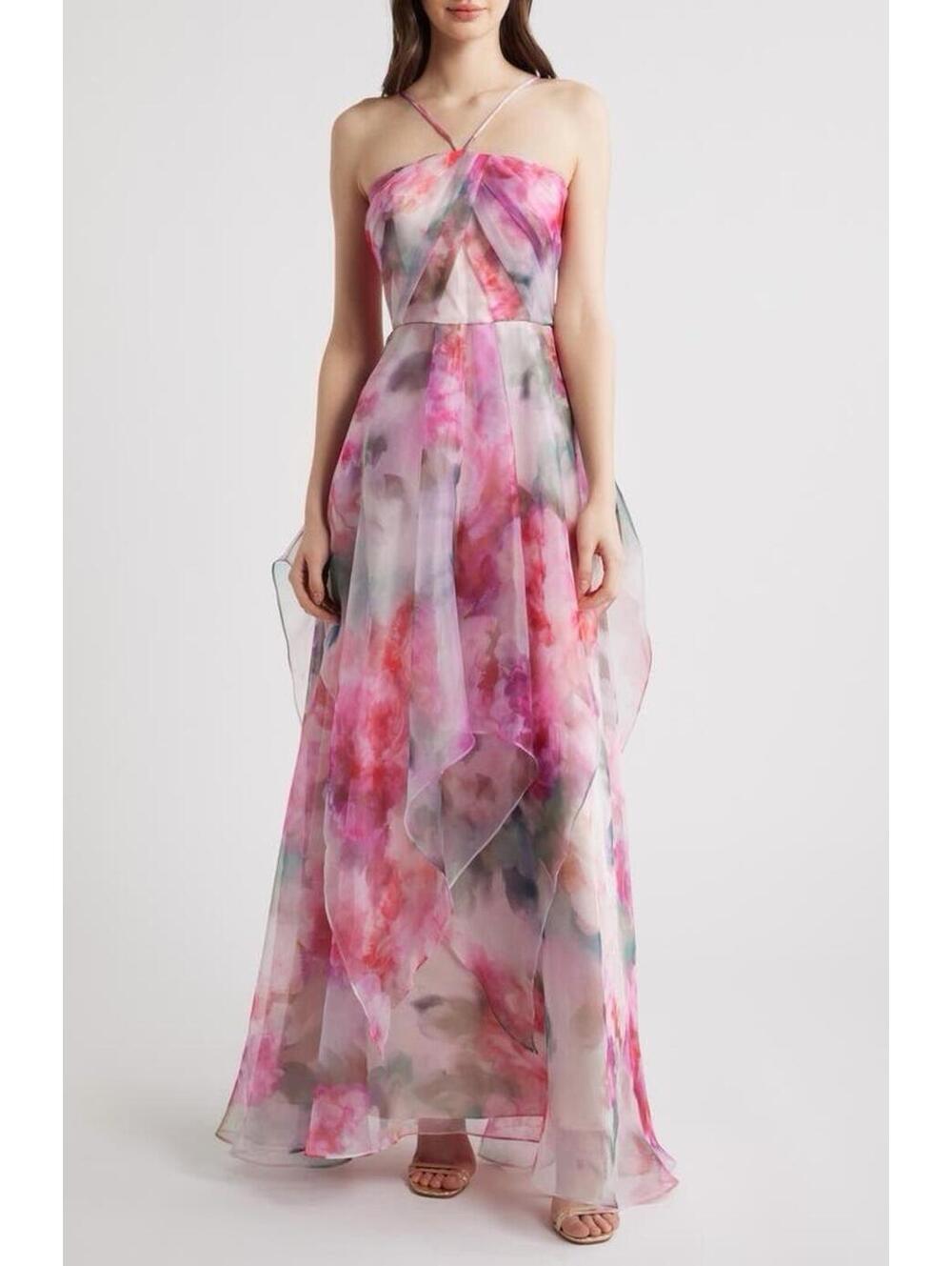 Eliza J Strapless Pink Floral Watercolor Maxi Gown